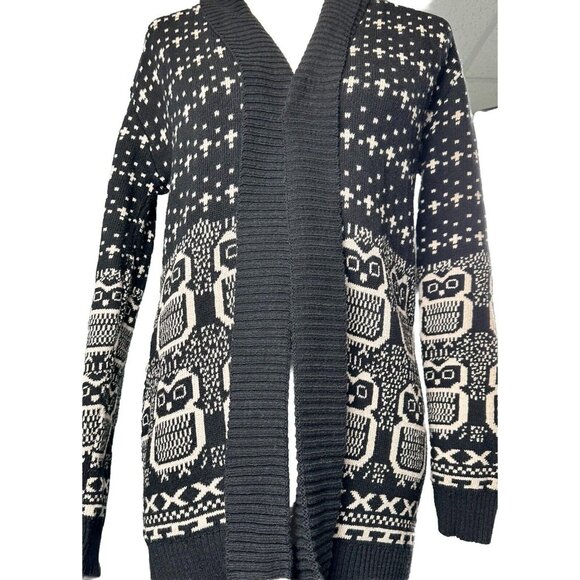 ANYBODY Collection Owl Sweater Women’s Lg Black/Tan Open Front Long Sleeve READ* - Picture 15 of 15